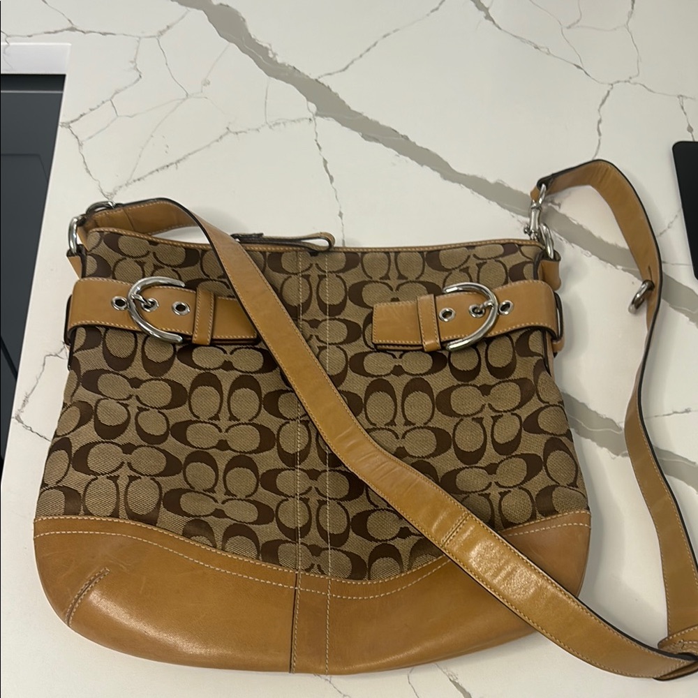 Coach Brown and Tan Signature Shoulder Bag